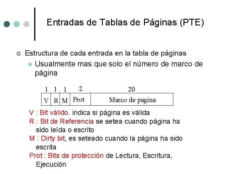 Entradas de Tablas de Páginas (PTE) ¢ Estructura de cada entrada en la tabla