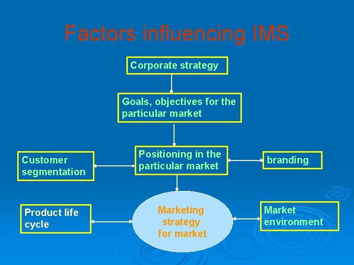 Factors influencing IMS Corporate strategy Goals, objectives for the particular market Customer segmentation Product Factors influencing IMS Corporate strategy Goals, objectives for the particular market Customer segmentation Product