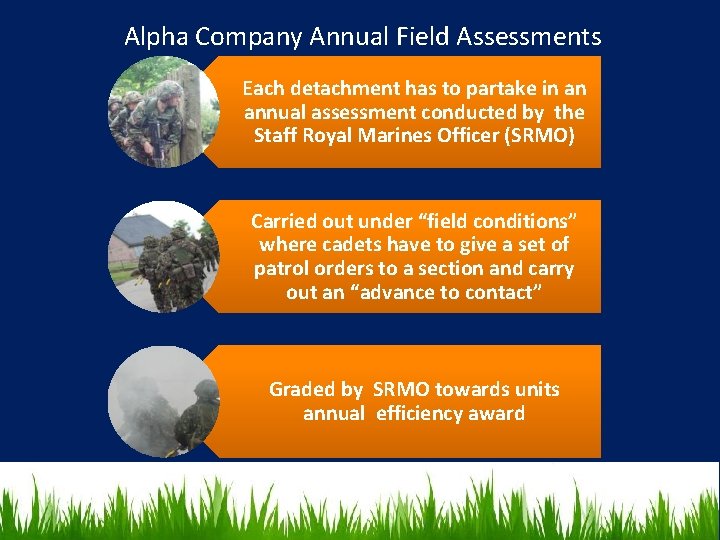 Alpha Company Annual Field Assessments Each detachment has to partake in an annual assessment