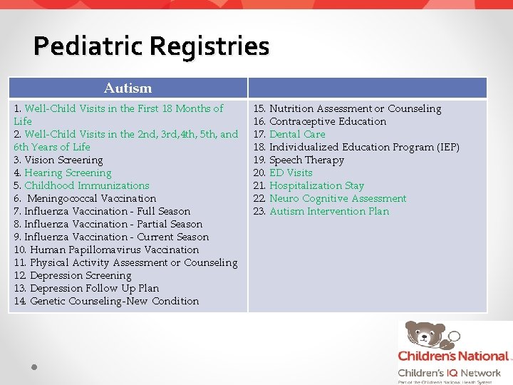 Pediatric Registries Autism 1. Well-Child Visits in the First 18 Months of Life 2.