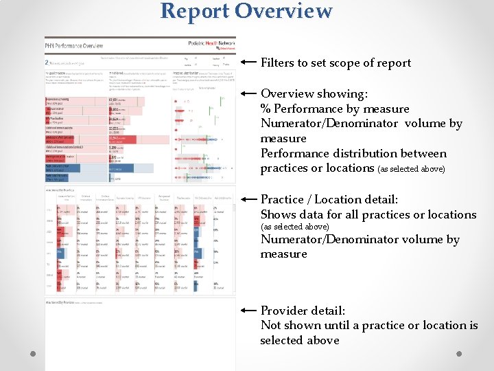 Report Overview Filters to set scope of report Overview showing: % Performance by measure