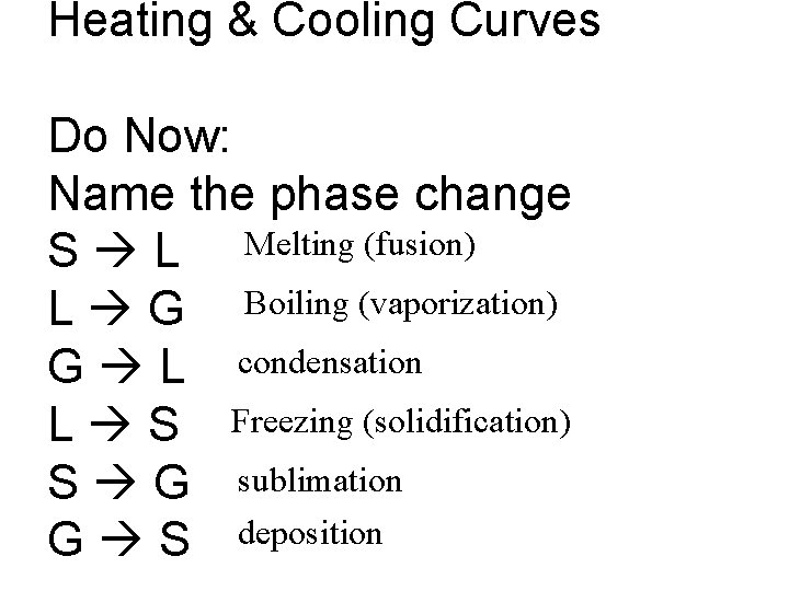 Heating & Cooling Curves Do Now: Name the phase change S L Melting (fusion)