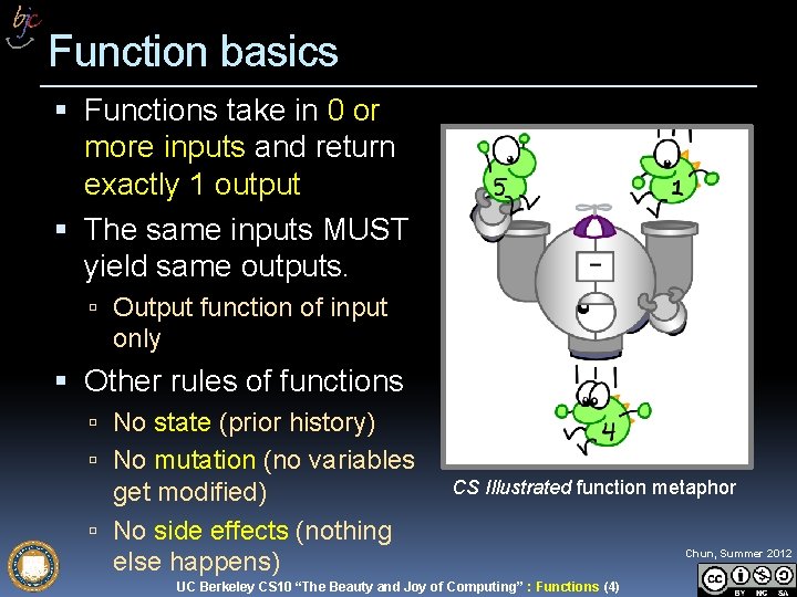 Function basics Functions take in 0 or more inputs and return exactly 1 output