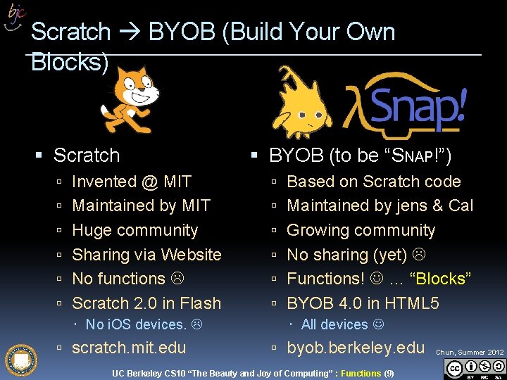 Scratch BYOB (Build Your Own Blocks) Scratch BYOB (to be “SNAP!”) Invented @ MIT