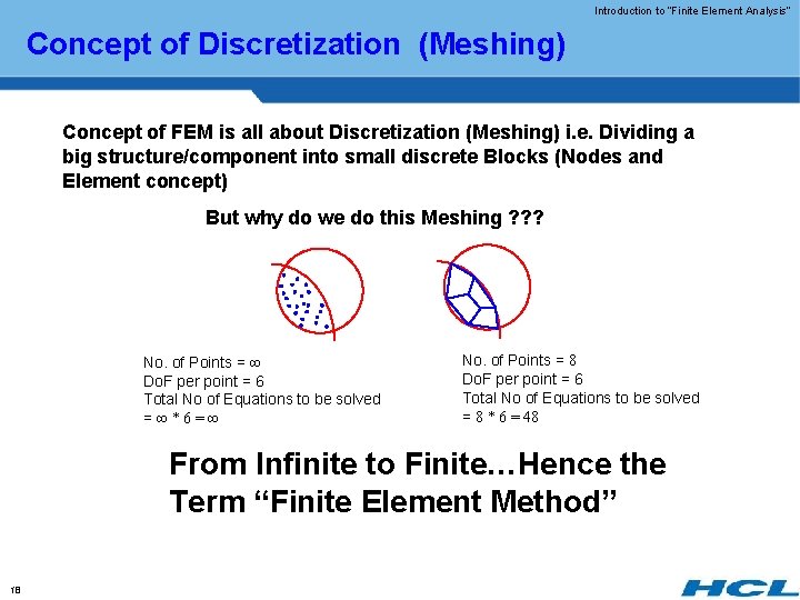 Introduction to “Finite Element Analysis” Concept of Discretization (Meshing) Concept of FEM is all