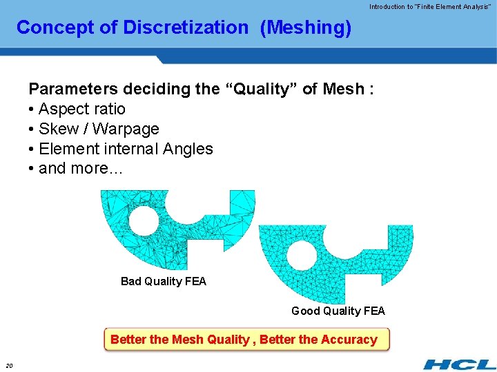 Introduction to “Finite Element Analysis” Concept of Discretization (Meshing) Parameters deciding the “Quality” of