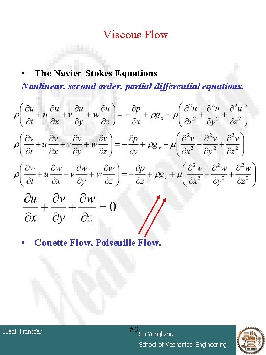 Viscous Flow • The Navier-Stokes Equations Nonlinear, second order, partial differential equations. • Couette
