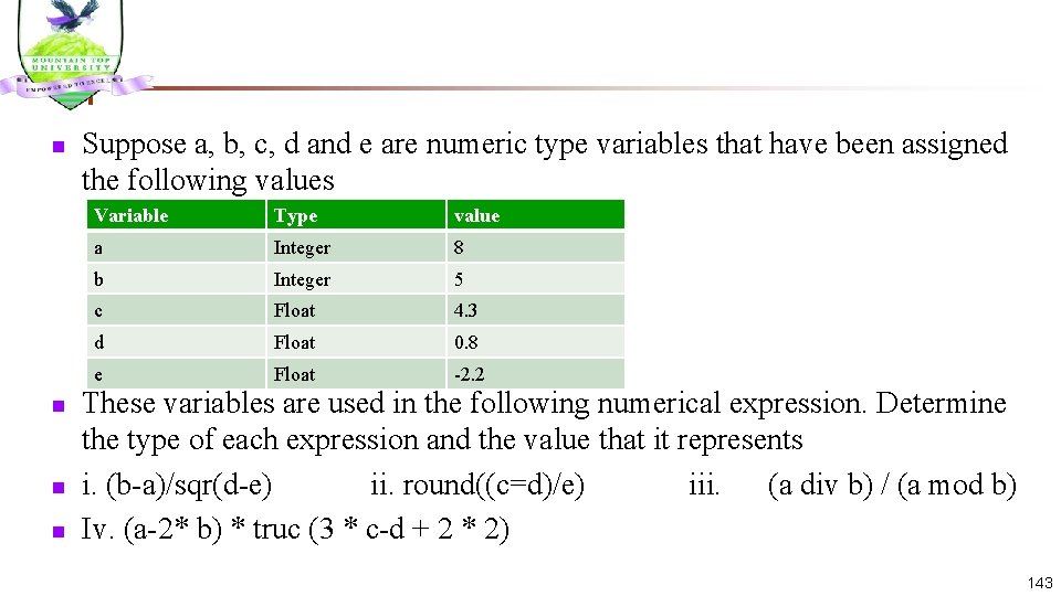 n n Suppose a, b, c, d and e are numeric type variables that