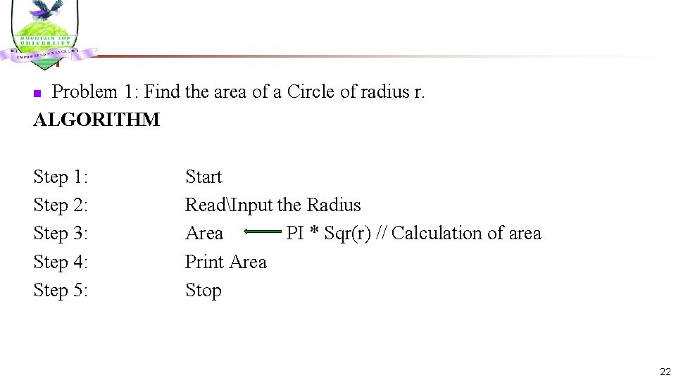 Problem 1: Find the area of a Circle of radius r. ALGORITHM n Step