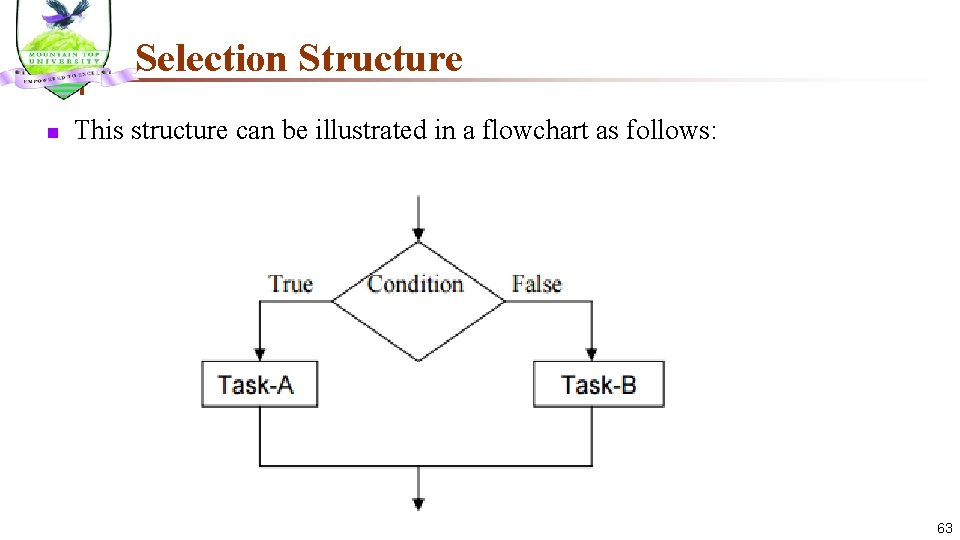 Selection Structure n This structure can be illustrated in a flowchart as follows: 63