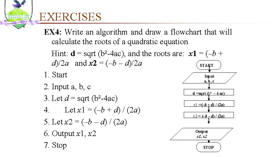 EXERCISES EX 4: Write an algorithm and draw a flowchart that will calculate the