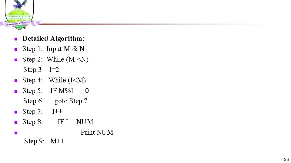 Detailed Algorithm: n Step 1: Input M & N n Step 2: While (M