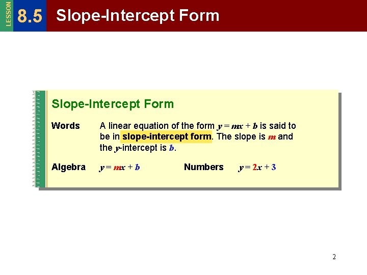 LESSON 8. 5 Slope-Intercept Form Words A linear equation of the form y =