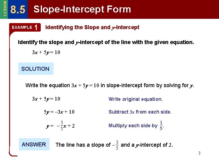 LESSON 8. 5 Slope-Intercept Form EXAMPLE 1 Identifying the Slope and y-Intercept Identify the