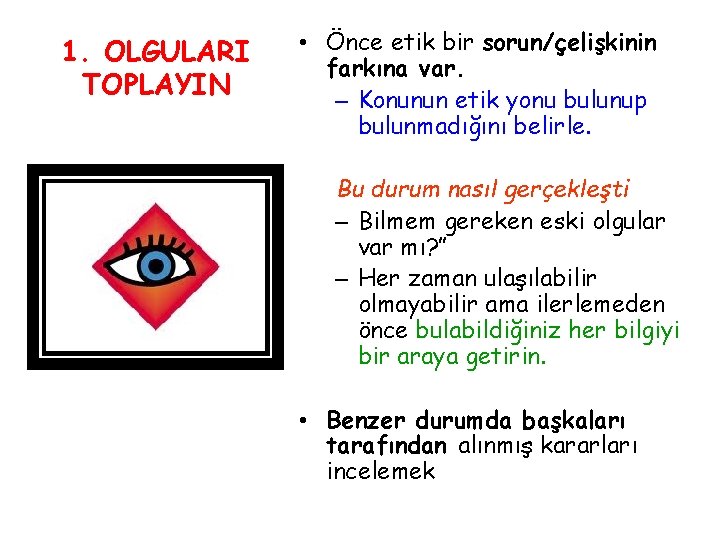 1. OLGULARI TOPLAYIN • Önce etik bir sorun/çelişkinin farkına var. – Konunun etik yonu