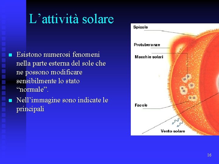 L’attività solare n n Esistono numerosi fenomeni nella parte esterna del sole che ne