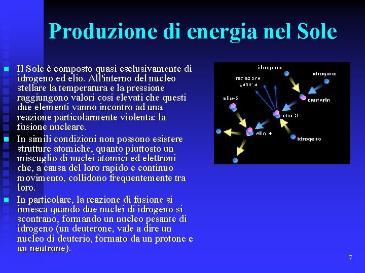 Produzione di energia nel Sole n n n Il Sole è composto quasi esclusivamente