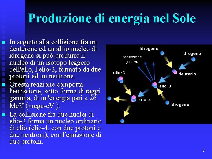 Produzione di energia nel Sole n n n In seguito alla collisione fra un