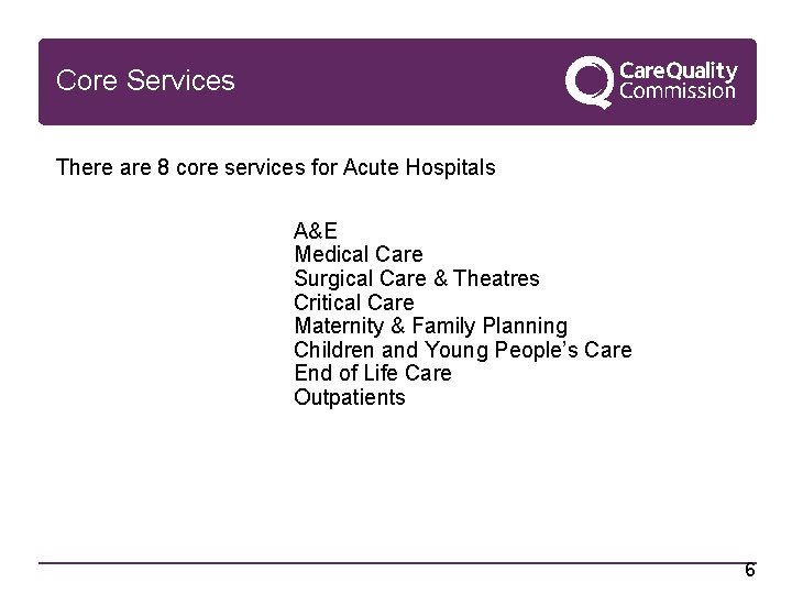 Core Services There are 8 core services for Acute Hospitals A&E Medical Care Surgical