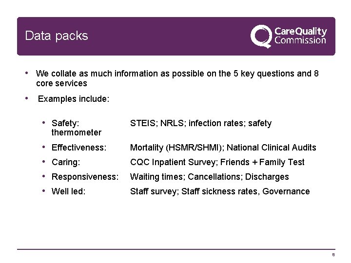 Data packs • We collate as much information as possible on the 5 key