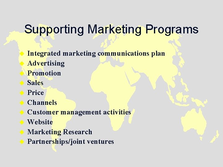 Supporting Marketing Programs u u u u u Integrated marketing communications plan Advertising Promotion