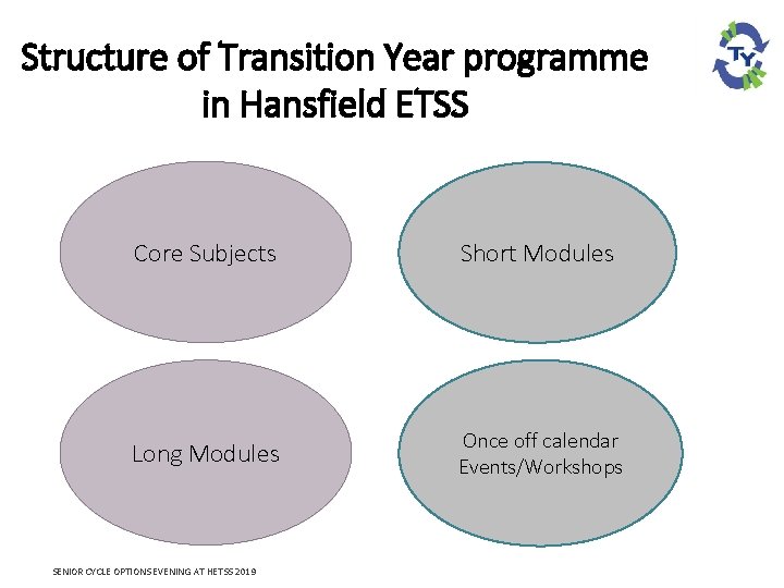 Structure of Transition Year programme in Hansfield ETSS Core Subjects Short Modules Long Modules
