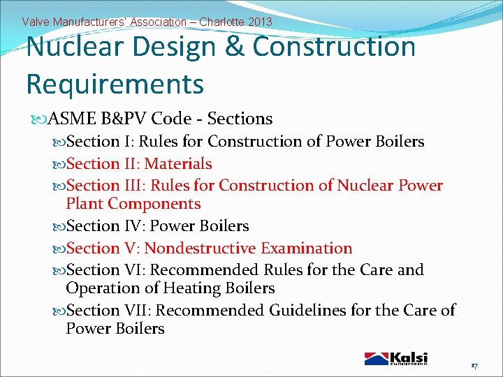Valve Manufacturers’ Association – Charlotte 2013 Nuclear Design & Construction Requirements ASME B&PV Code