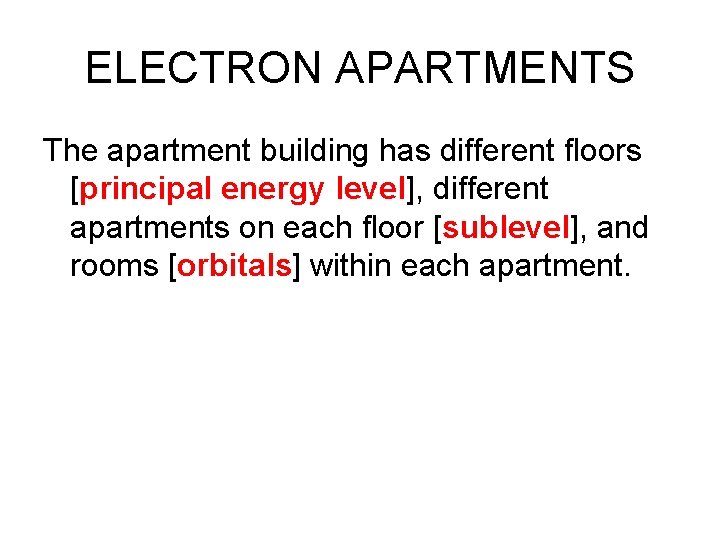 ELECTRON APARTMENTS The apartment building has different floors [principal energy level], different apartments on