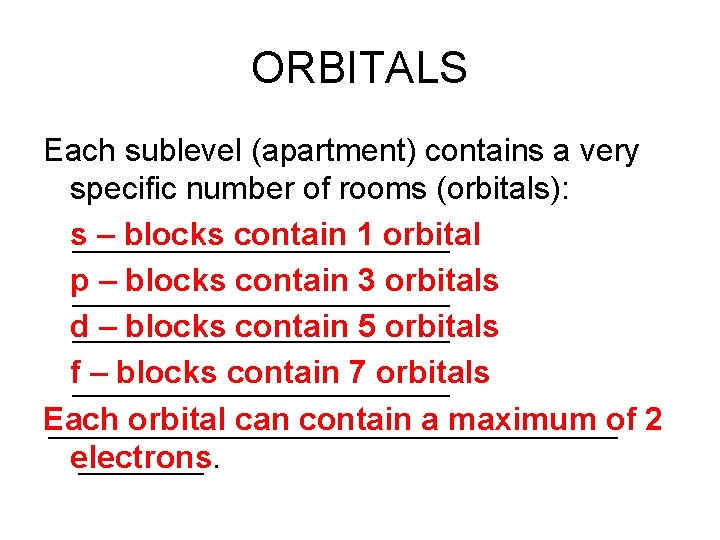 ORBITALS Each sublevel (apartment) contains a very specific number of rooms (orbitals): s –