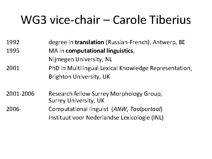 WG 3 vice-chair – Carole Tiberius 1992 1995 2001 -2006 - degree in translation