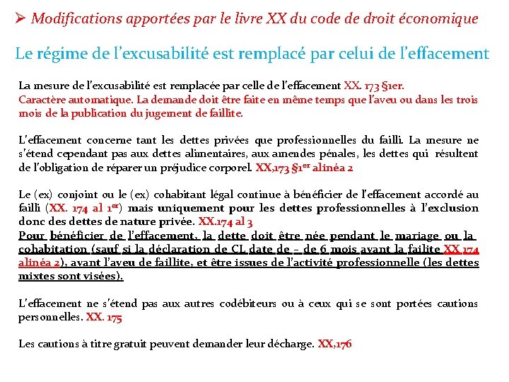 Ø Modifications apportées par le livre XX du code de droit économique Le régime