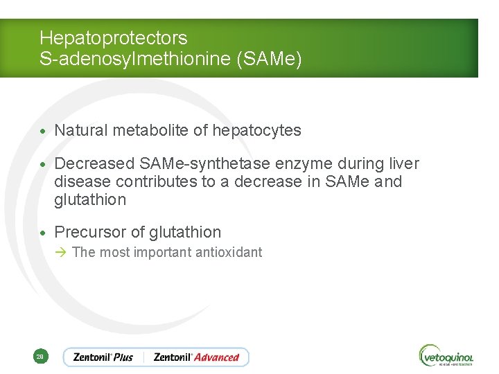 Hepatoprotectors S-adenosylmethionine (SAMe) • Natural metabolite of hepatocytes • Decreased SAMe-synthetase enzyme during liver