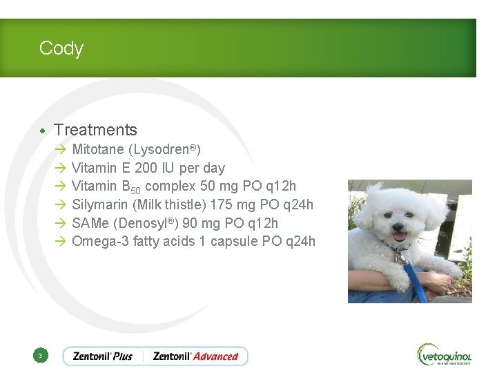 Cody • Treatments à Mitotane (Lysodren®) à Vitamin E 200 IU per day à