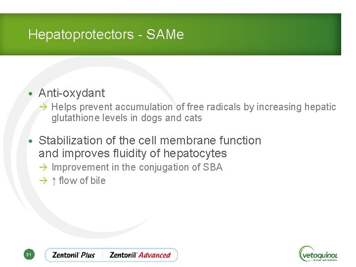 Hepatoprotectors - SAMe • Anti-oxydant à Helps prevent accumulation of free radicals by increasing