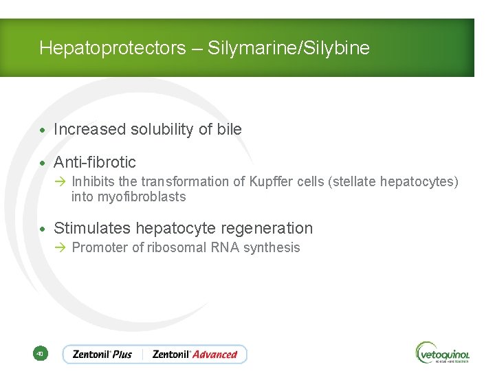 Hepatoprotectors – Silymarine/Silybine • Increased solubility of bile • Anti-fibrotic à Inhibits the transformation