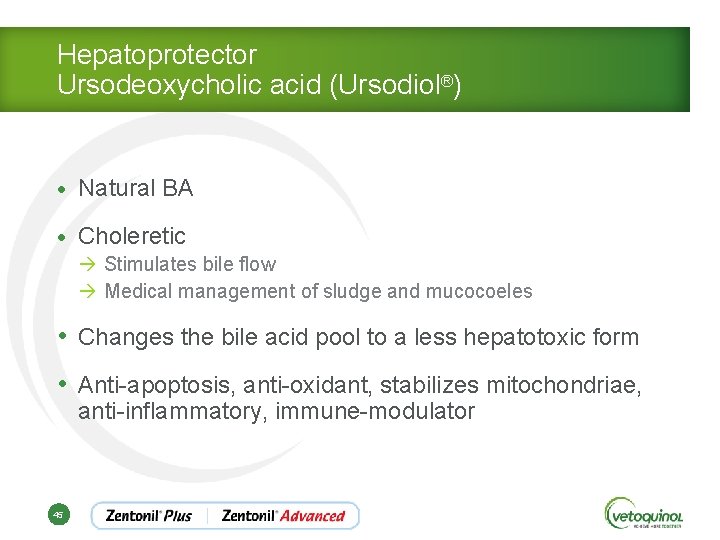 Hepatoprotector Ursodeoxycholic acid (Ursodiol®) • Natural BA • Choleretic à Stimulates bile flow à