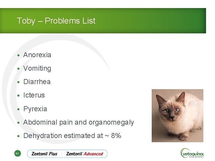 Toby – Problems List • Anorexia • Vomiting • Diarrhea • Icterus • Pyrexia