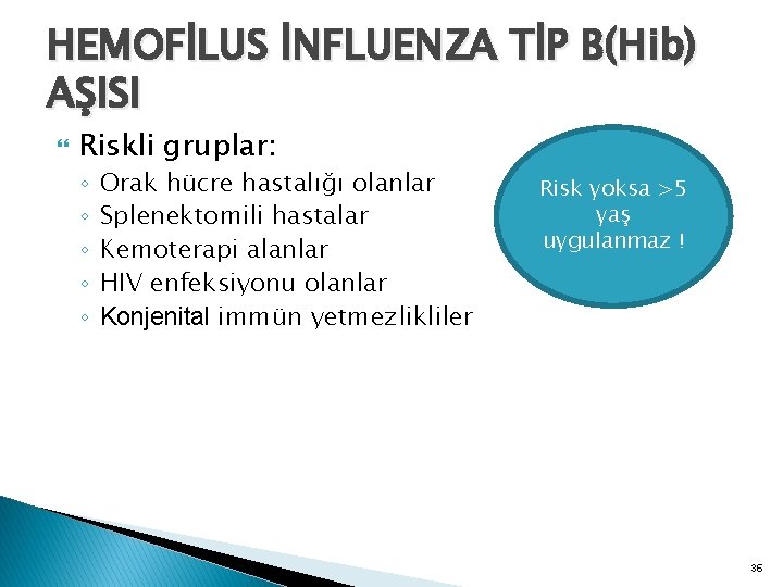 HEMOFİLUS İNFLUENZA TİP B(Hib) AŞISI Riskli gruplar: ◦ ◦ ◦ Orak hücre hastalığı olanlar