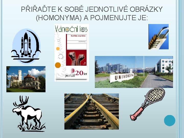 PŘIŘAĎTE K SOBĚ JEDNOTLIVÉ OBRÁZKY (HOMONYMA) A POJMENUJTE JE: 