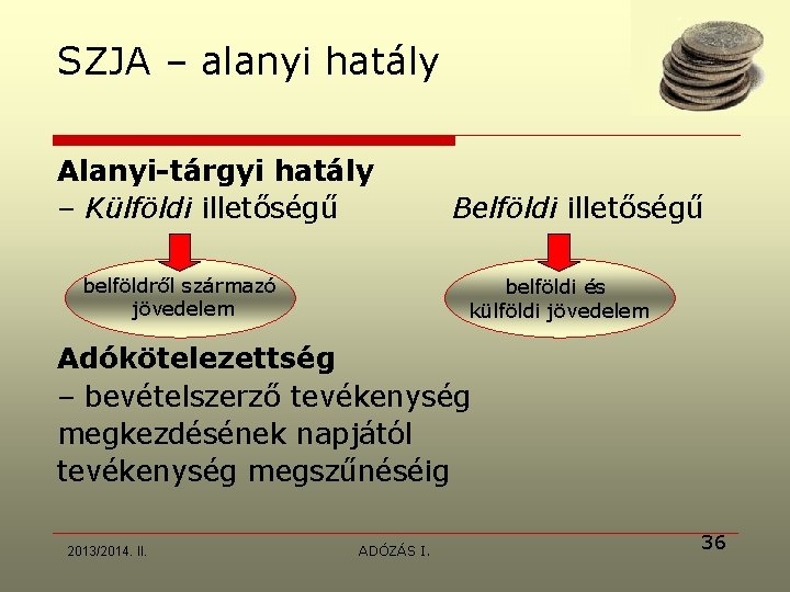 SZJA – alanyi hatály Alanyi-tárgyi hatály – Külföldi illetőségű belföldről származó jövedelem Belföldi illetőségű