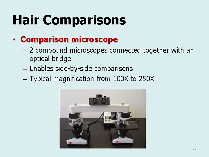 Hair Comparisons • Comparison microscope – 2 compound microscopes connected together with an optical Hair Comparisons • Comparison microscope – 2 compound microscopes connected together with an optical
