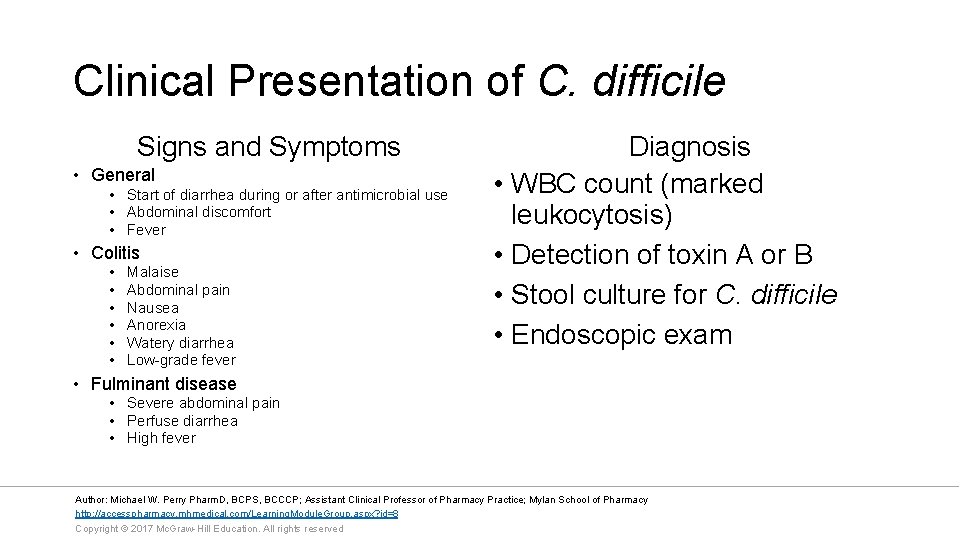 Clinical Presentation of C. difficile Signs and Symptoms • General • Start of diarrhea