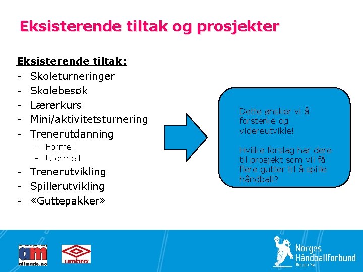 Eksisterende tiltak og prosjekter Eksisterende tiltak: - Skoleturneringer - Skolebesøk - Lærerkurs - Mini/aktivitetsturnering