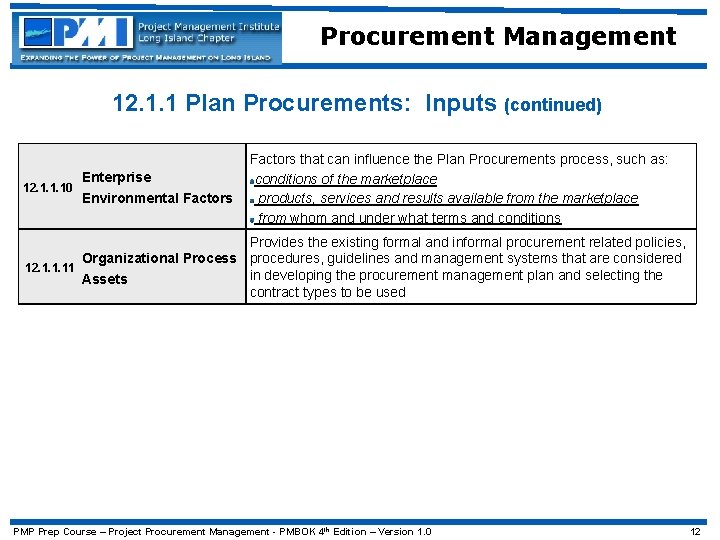Procurement Management 12. 1. 1 Plan Procurements: Inputs (continued) 12. 1. 1. 10 Enterprise