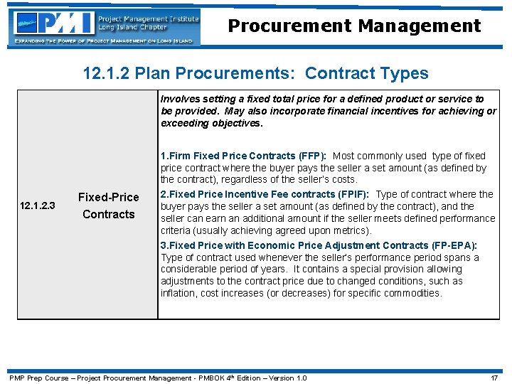 Procurement Management 12. 1. 2 Plan Procurements: Contract Types Involves setting a fixed total