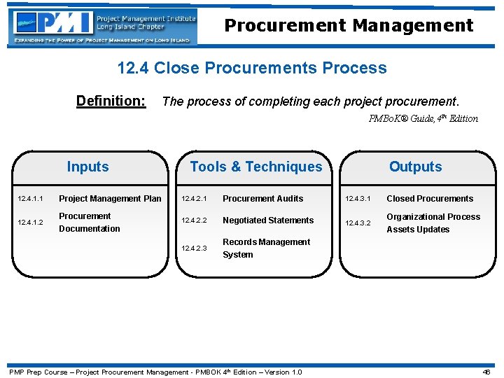 Procurement Management 12. 4 Close Procurements Process Definition: The process of completing each project