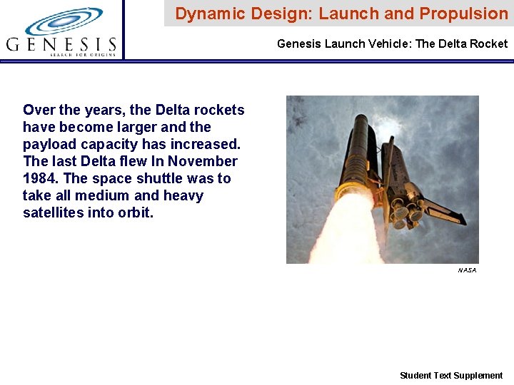 Dynamic Design: Launch and Propulsion Genesis Launch Vehicle: The Delta Rocket Over the years, Dynamic Design: Launch and Propulsion Genesis Launch Vehicle: The Delta Rocket Over the years,