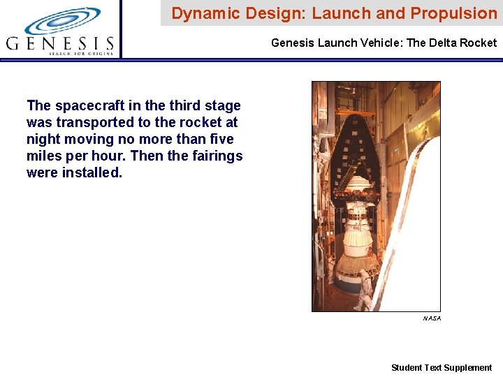 Dynamic Design: Launch and Propulsion Genesis Launch Vehicle: The Delta Rocket The spacecraft in Dynamic Design: Launch and Propulsion Genesis Launch Vehicle: The Delta Rocket The spacecraft in