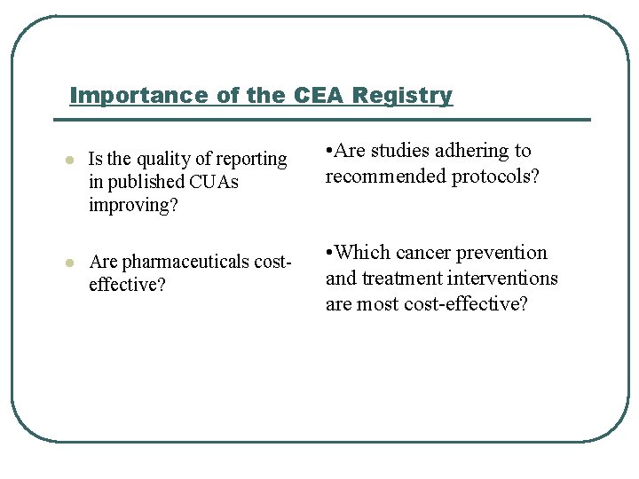 Importance of the CEA Registry l Is the quality of reporting in published CUAs