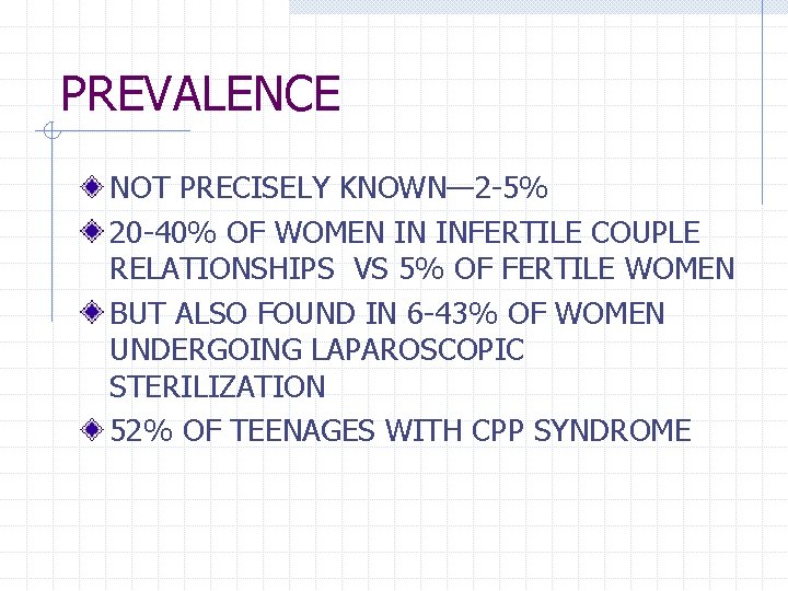 PREVALENCE NOT PRECISELY KNOWN— 2 -5% 20 -40% OF WOMEN IN INFERTILE COUPLE RELATIONSHIPS PREVALENCE NOT PRECISELY KNOWN— 2 -5% 20 -40% OF WOMEN IN INFERTILE COUPLE RELATIONSHIPS